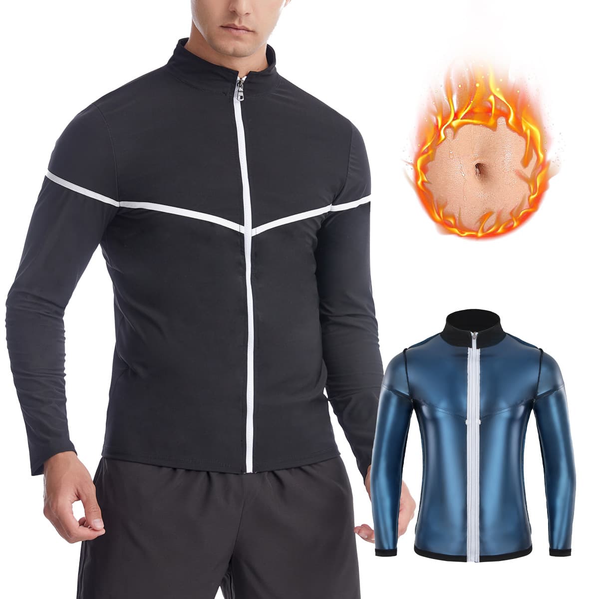 Amazon Cross-Border Men's European Size Zipper White Stripe Long Sleeve Training Fitness Running Sweat Suit Sauna Suit Shapewear