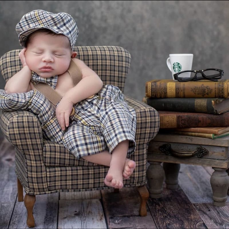 Newborn Plaid Suit Photography Outfit, One-Month-Old Baby Clothing, Knit Three-Piece Set for Boys and Girls