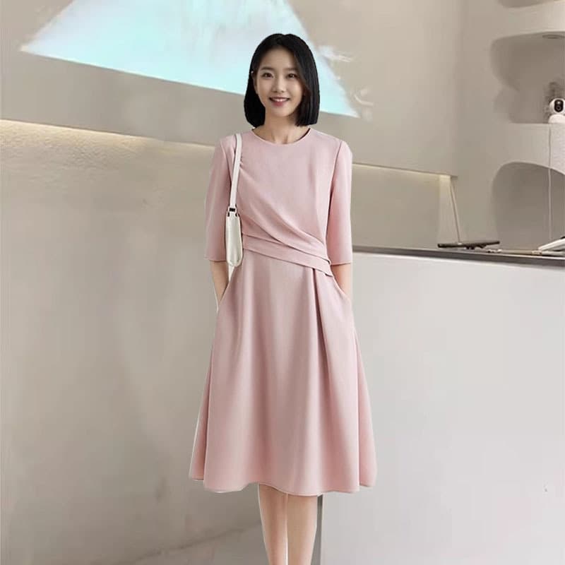 2691 Plus Size Women's French Boat Neck Dress with Waist Pleats, Fashionable Simple Mid-Length Dress for Curvy Women
