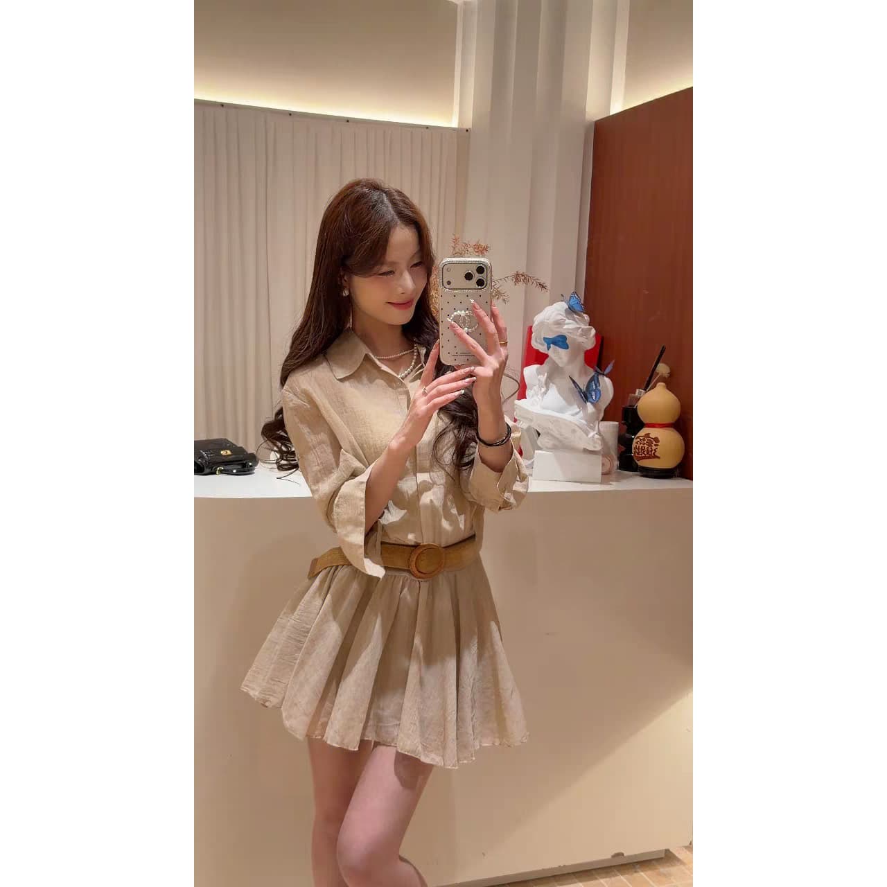 Korean style women's shirt dress spring and summer new style shirt ruffled skirt style loose word skirt tie dye