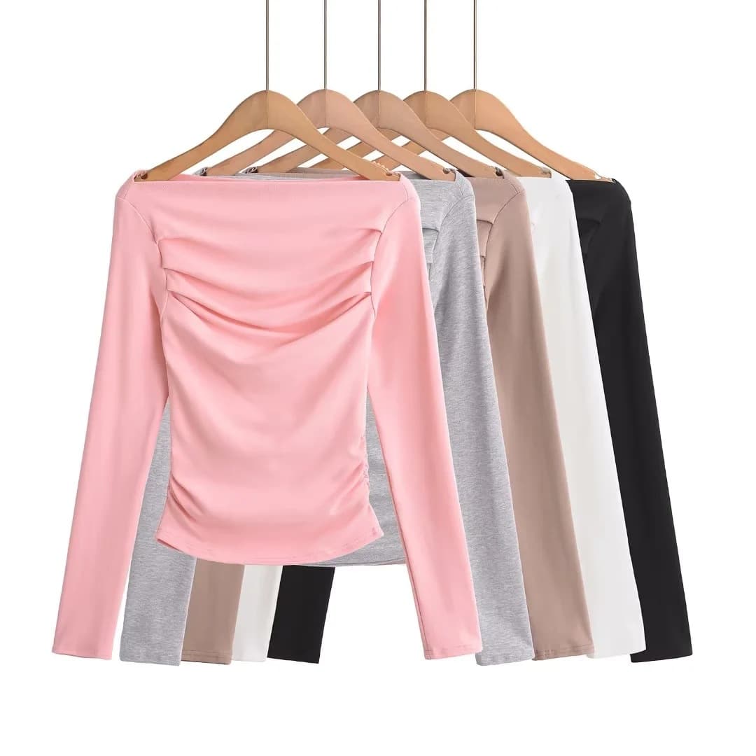 Cross-border Pure Desire Style Ins Off-Shoulder Long-Sleeve Base Top Women's 2024 New Fashion Slim Pleated Crop T-Shirt