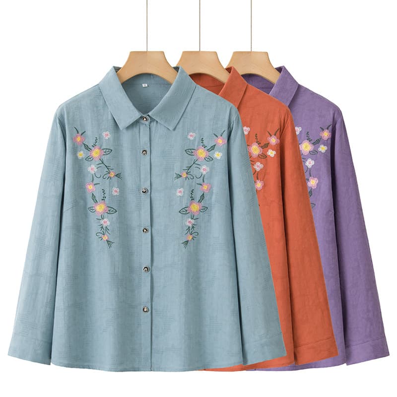 Mother's Mid-Aged and Elderly Women's Spring/Autumn Long-Sleeve Cotton Embroidered Shirt New Summer Style Noble Lady Full Cotton Cardigan Top