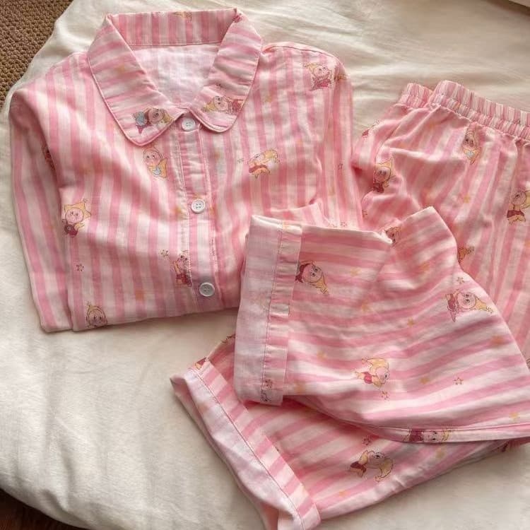 Soft Princess Style Pink Striped Star Print Girl's Spring/Autumn Open-Front Notch Collar Two-Piece Long Sleeve Student Loungewear Set