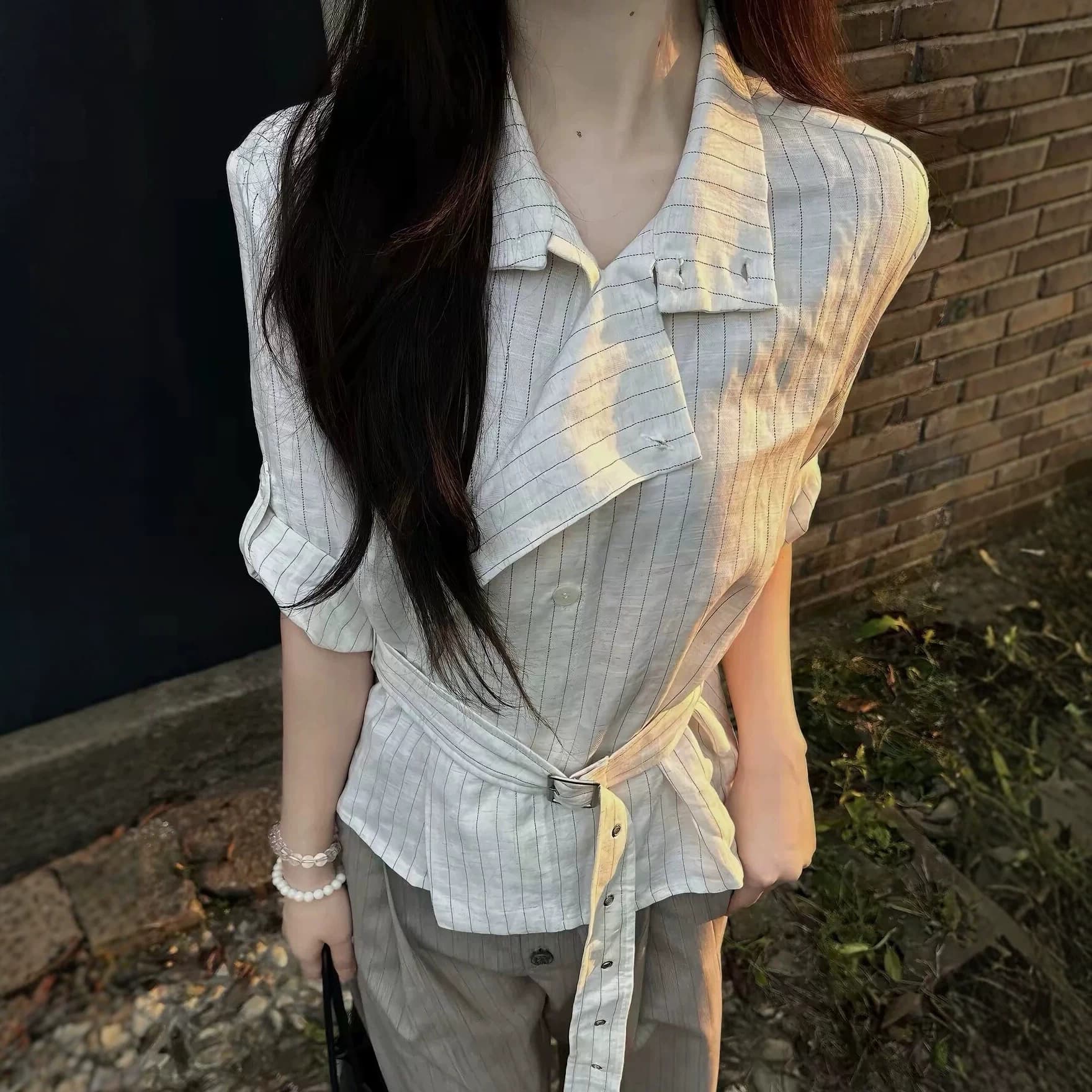 PEM Lyocell Linen Blend Harrington Shirt with Adjustable Sleeves, Chest Panel Stripes, Short Sleeve
