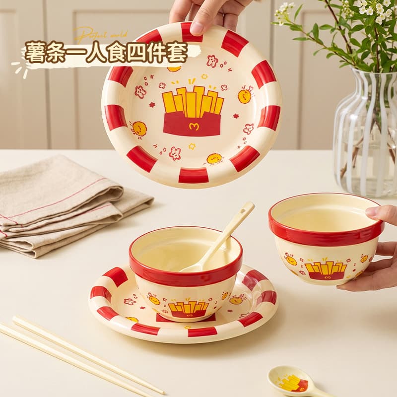 Cartoon Ceramic Tableware 4-Piece Set, Kitchen Household Chopsticks and Soup Spoon, New One-Person Meal Cute Bowl and Plate Set