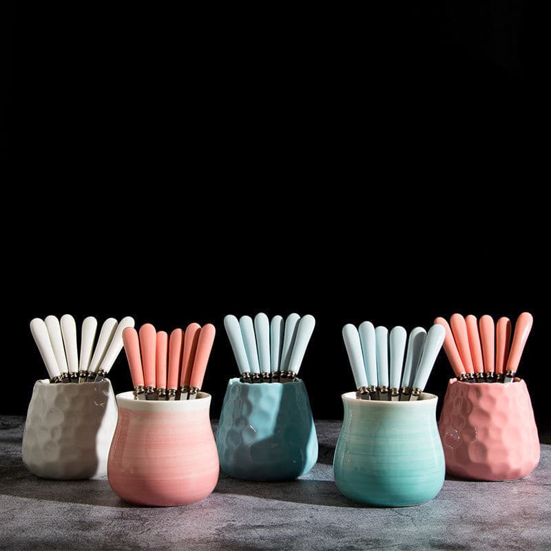 Fruit Fork Kids Creative Cute Ceramic Stainless Steel Fruit Picks Dessert Forks Household Small Forks Set Small Spoons