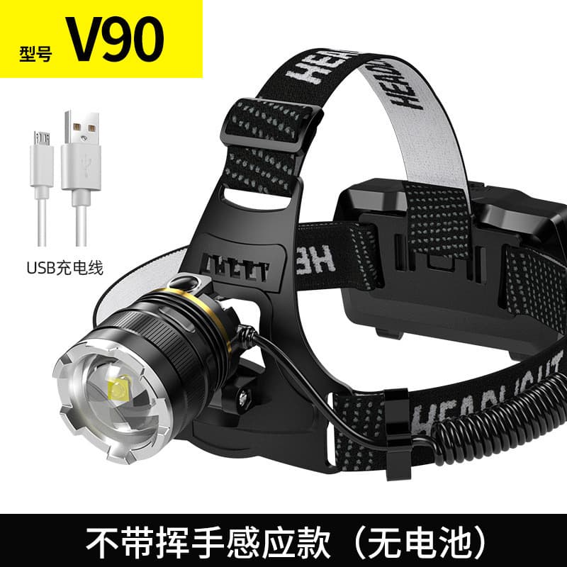 V90 Night Fishing Headlamp with Dual Lithium Battery, Motion Sensor, Zoom, Bright Rechargeable Light, Ultra-Long Battery Life