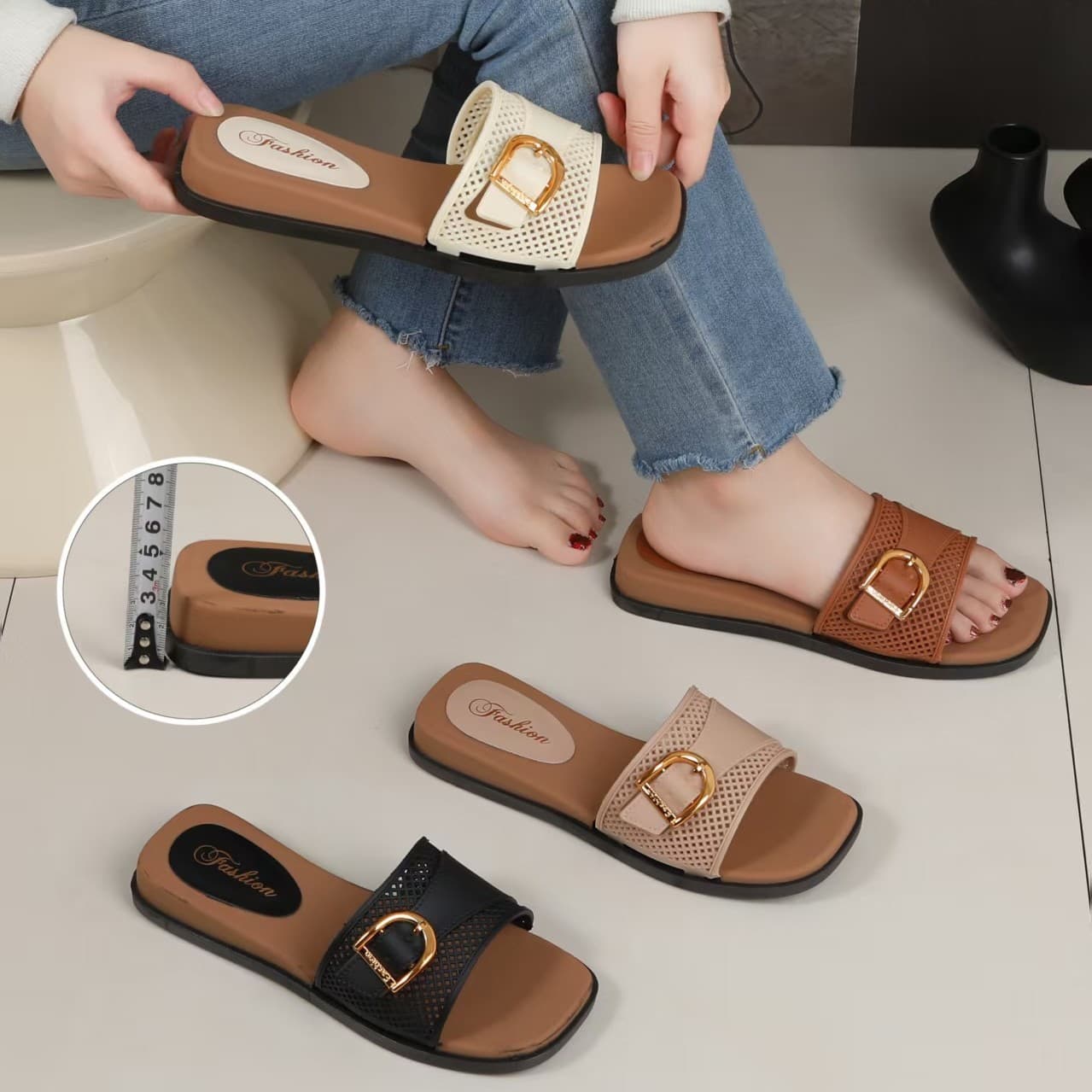 Cross-Border Women's Plus Size Flat Fish-Mouth Beach Sandals 2026 Summer New Fashion Chain Strap Slip-On Sandals