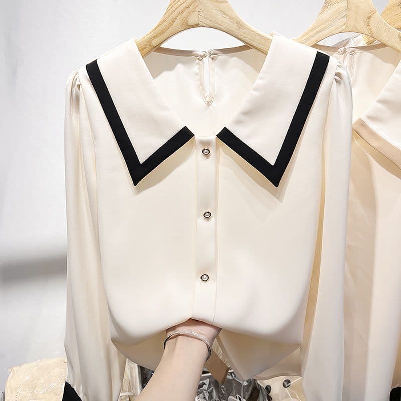 Long-sleeve shirt 2025 autumn new plus-size women's clothing loose slimming Peter Pan collar chiffon blouse pullover top.