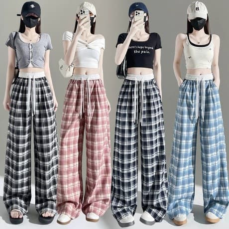 Summer Soft Ice Silk Plaid Wide-Leg Pants for Women, Drapey Casual Pants, Thin Korean-Style Lace Rope Plaid Straight-Leg Pants