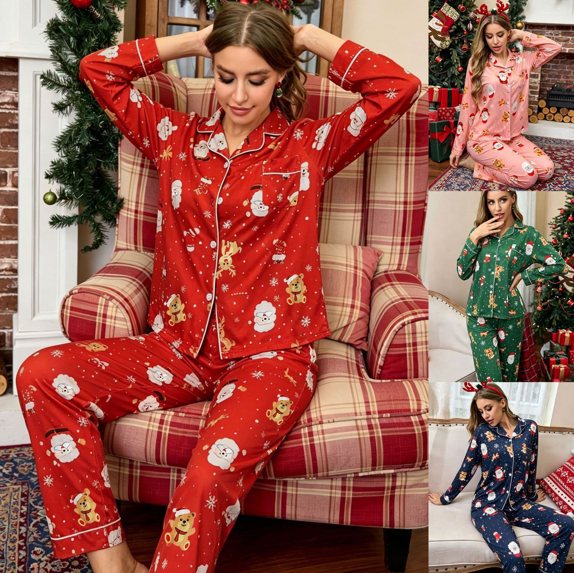 Christmas Cross-Border New Women's Fashionable Turn-Down Collar European and American Pajama Casual Style Long-Sleeve Long-Pants Loungewear Set for Women