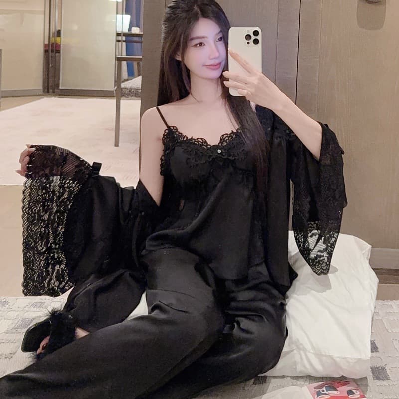Cross-Border Factory New Ice Silk Pajama Four-Piece Set Sexy Padded Camisole Shorts French Style Homewear Wearable Outside