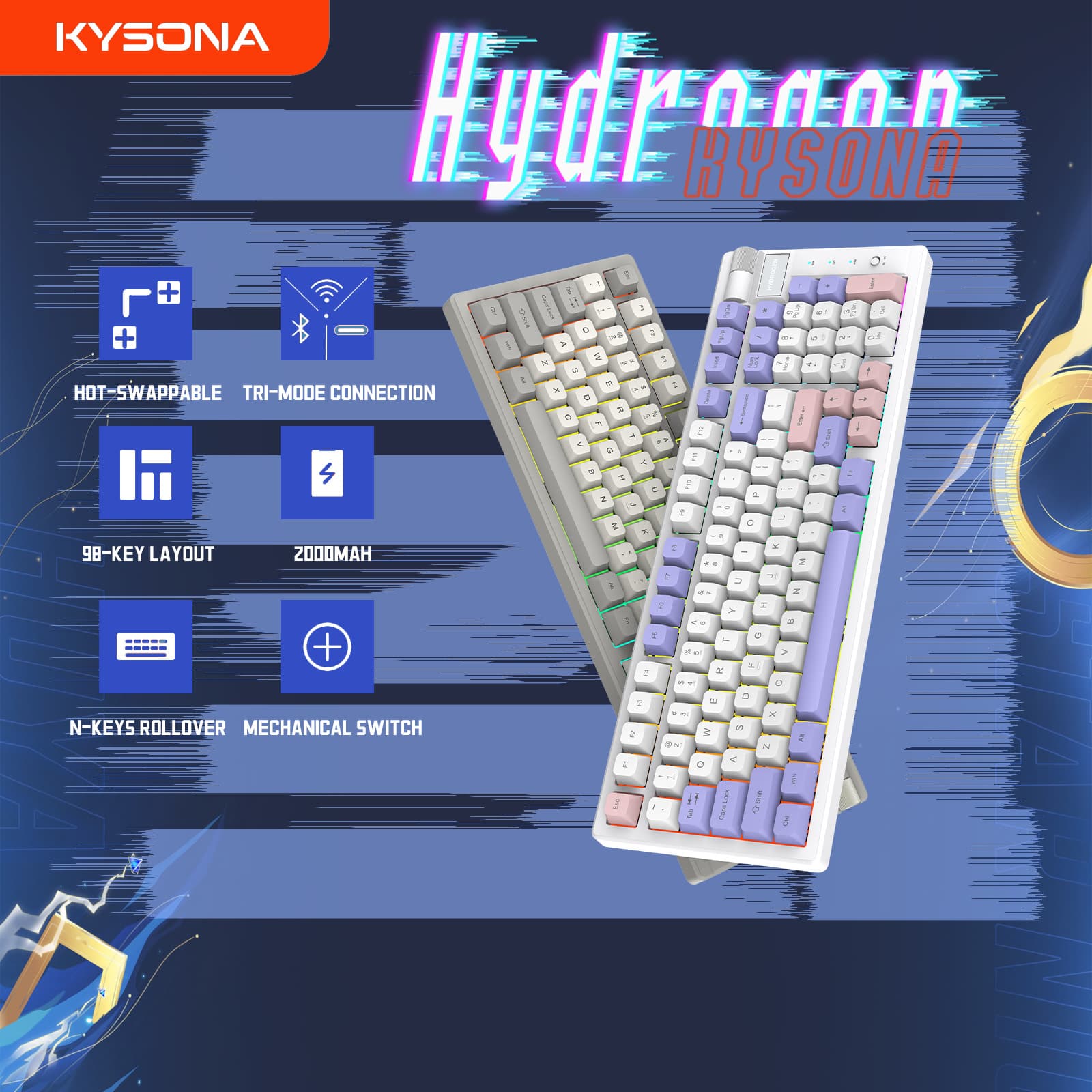 Mechanical Keyboard Hot-Swappable Switches Triple Mode Connection Suitable for Gaming, Esports, Office, E-commerce Wireless Multi-Mode