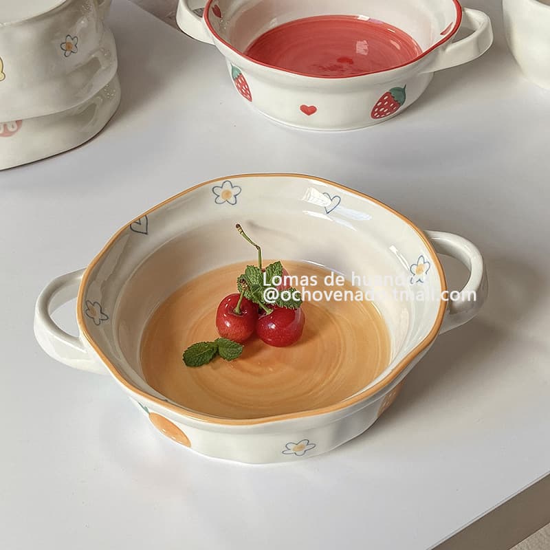 Ins Bowl Double-Ear Dessert Salad Bowl Small Soup Bowl Household Cute Noodle Bowl Rice Bowl Oven Baked Rice Bowl Air Fryer