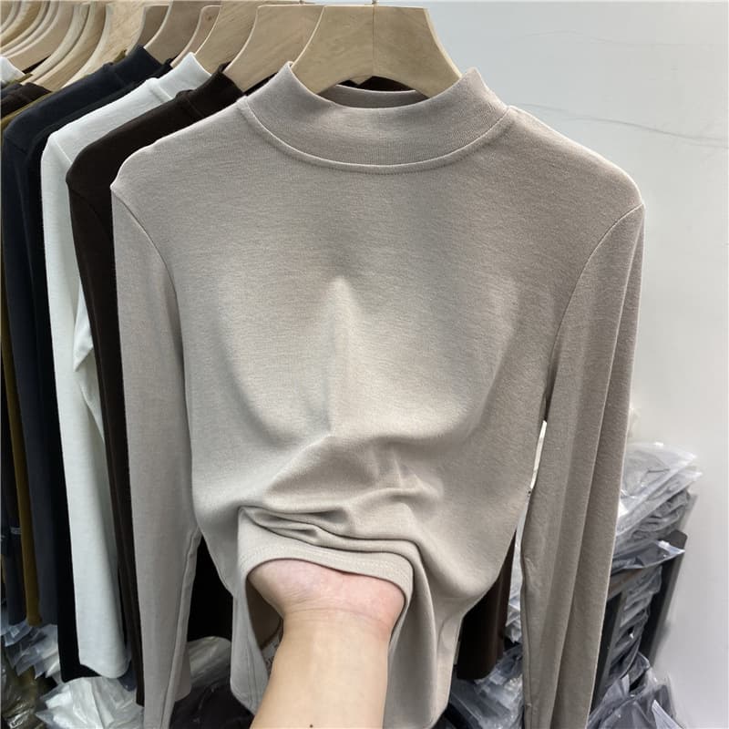 Brushed Fleece-Lined Stand Collar Base Layer for Women, Long-Sleeve Cotton T-Shirt 2025 Autumn/Winter New Style Semi-High Neck Versatile Innerwear Top