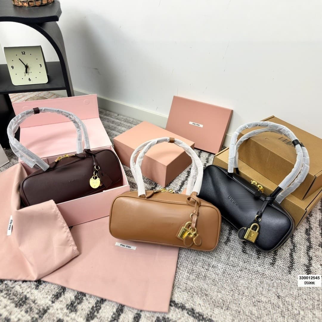 Miu Miu 2026 New Model Genuine Leather Bowling Bag Leather Baguette Shoulder Handbag Sheepskin Long Handle