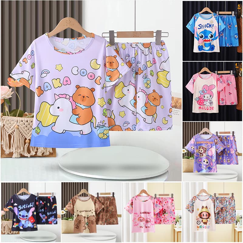 Summer Kids Pajamas Short Sleeve Girls Cartoon Boys Homewear Cute Elementary School Students Thin Air Conditioning Suit