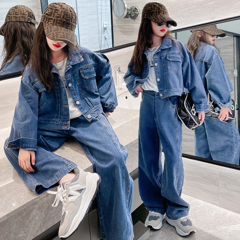 Girls denim suit autumn 2022 new autumn style girl denim jacket straight jeans two-piece set