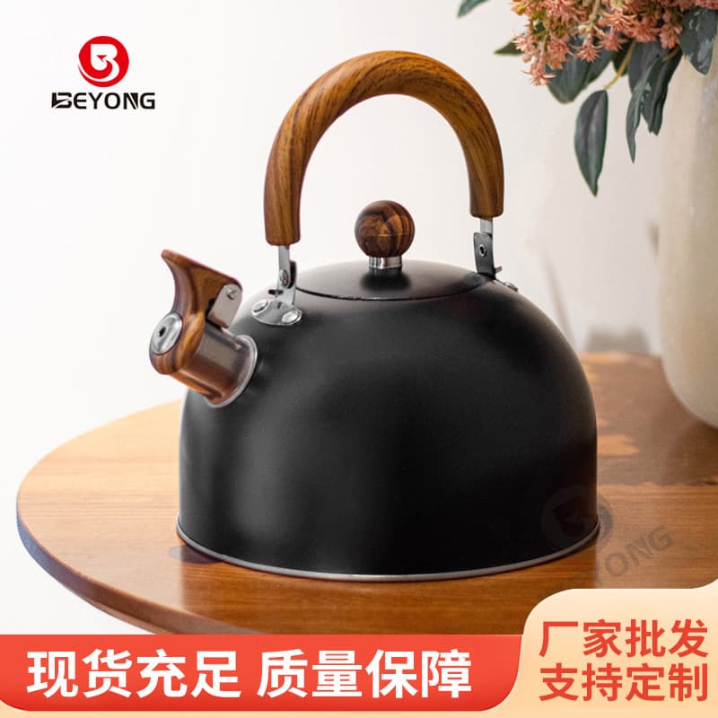 Minimalist Black European-style Whistling Kettle, Amazon Ringing Kettle with Wood Grain Handle and Audible Whistle
