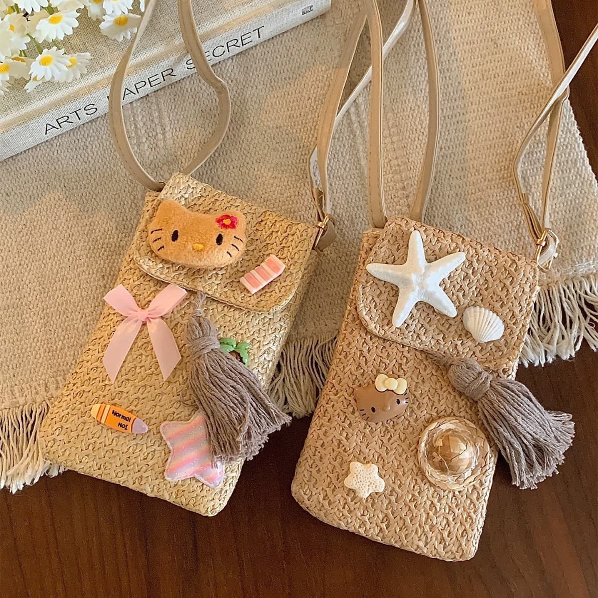 Starfish Shell Resort Style Phone Bag ~ Handwoven Beach Crossbody Bag, Neck Strap Bag, Storage Pouch for Women