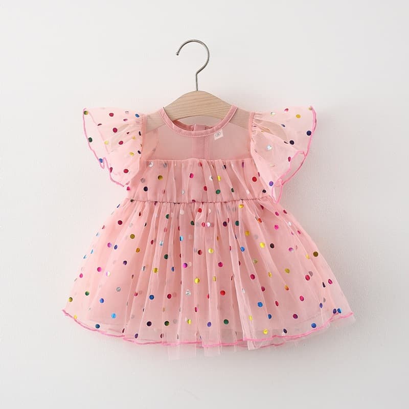 New Summer Polka Dot Tulle Princess Dress for 1-Year-Old Baby Girl, Puffy Sleeves, Fairy Style, Hot Selling