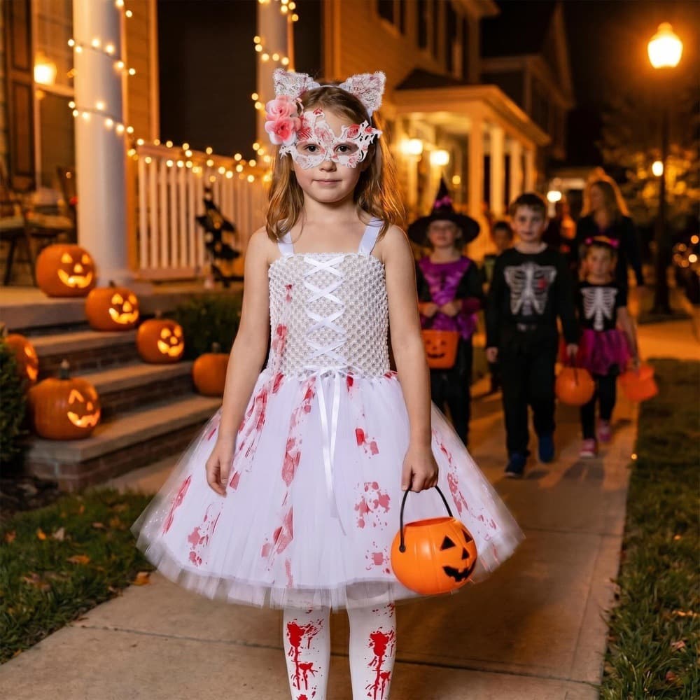 Bloody Veil Zombie Ghost Bride Kids Tulle Dress Halloween Horror Zombie Cosplay Costume Girls Tutu Dress