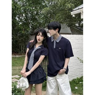 College Style Couple Outfit Summer New Trendy High-End Petite Contrast Plaid Collar Short Women's Dress