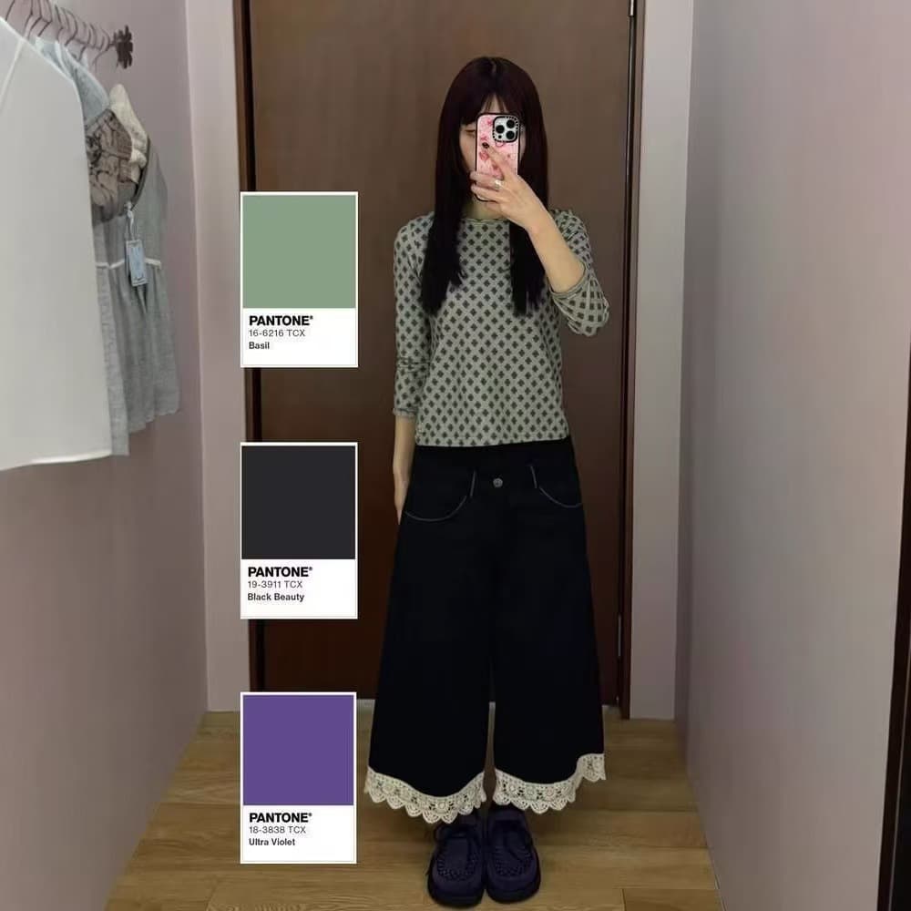 Korean coy* lace straight pants spliced lace slimming wide-leg pants new cropped pants women's trendy brand