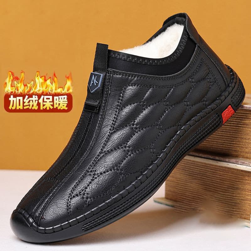 Men's Winter Cotton Shoes, Fleece-Lined Leather, Slip-On for Middle-Aged and Elderly, Soft Sole and Upper