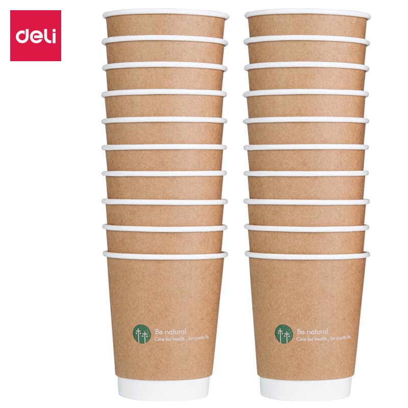 Deli 19204 double-layer kraft paper cups 280ml thickened for office/home use, 20-piece set of office tea cups