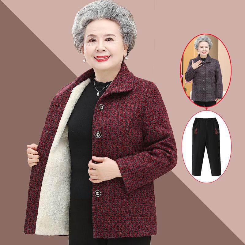Grandma's Spring and Autumn Outerwear Set for Women Aged 60, 70, and 80, Thickened Fleece-Lined Middle-Aged and Elderly Women's Autumn and Winter Clothing