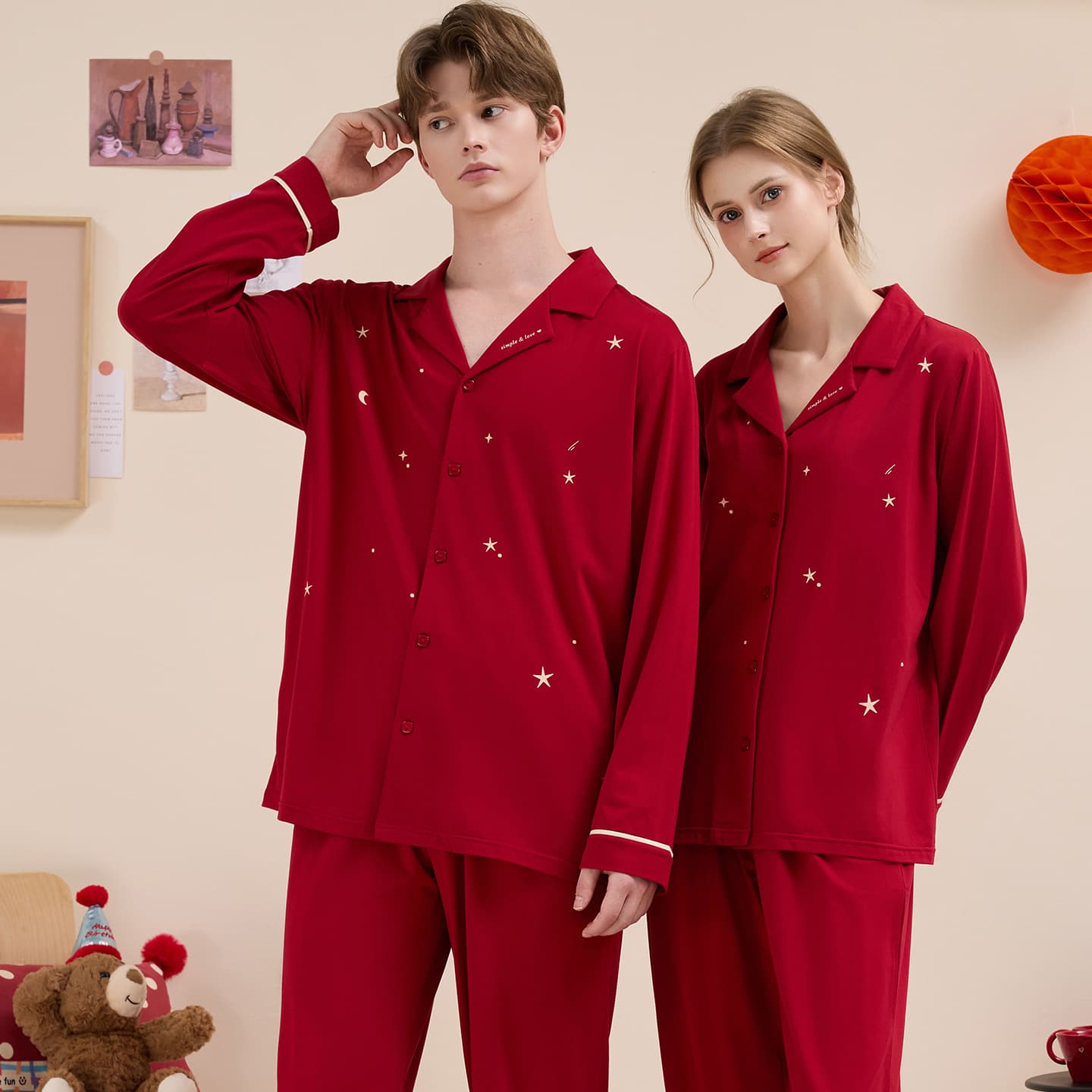 Couples Red Pajamas, Knitted Ultra-Soft Tencel Modal Cotton Cardigan Long-Sleeve Pants Women with Built-in Bra Homewear