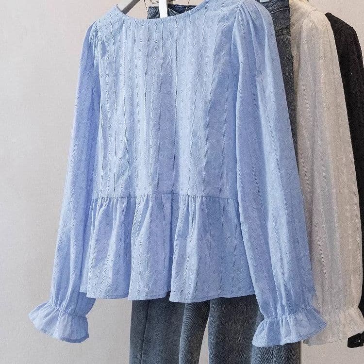 French blue gentle drawstring collar pleated long-sleeved shirt for women 2025 autumn large size fat chic trendy top