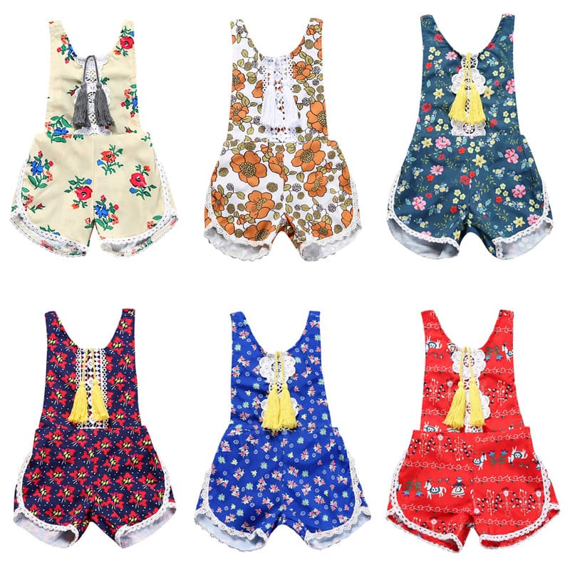 Kids Tales Kids Cross-Border Ins Summer Floral Sleeveless Fringe Jumpsuit Vest Romper for Girls