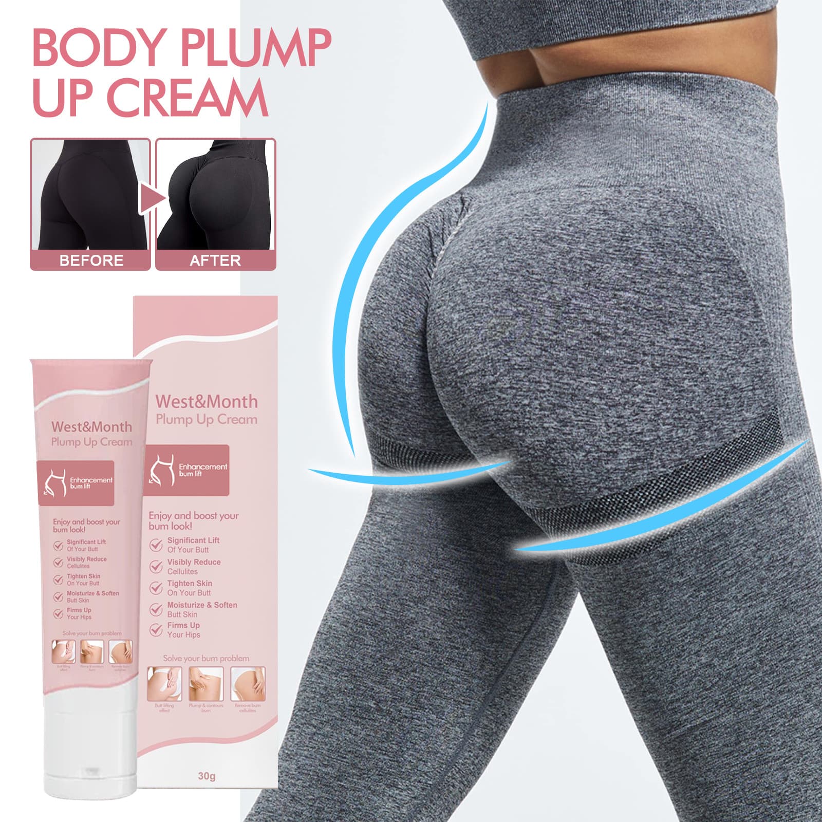 West&Mooth Body Volumizing Cream for firming, lifting buttocks, and enhancing curves.