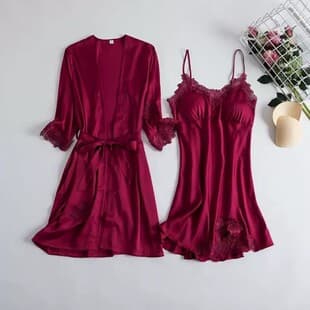 Summer Autumn Sleepwear Women Sexy Two-Piece Set Lace Thin Large Size Long Sleeve Robe Nightgown Camisole With Pads Wearable Outside