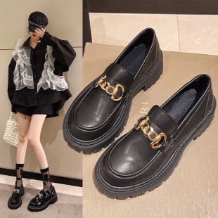 Fashion Chunky Heel Metal Buckle Leather Shoes for Women, Solid Color Loafers, British Retro Round Toe Flats