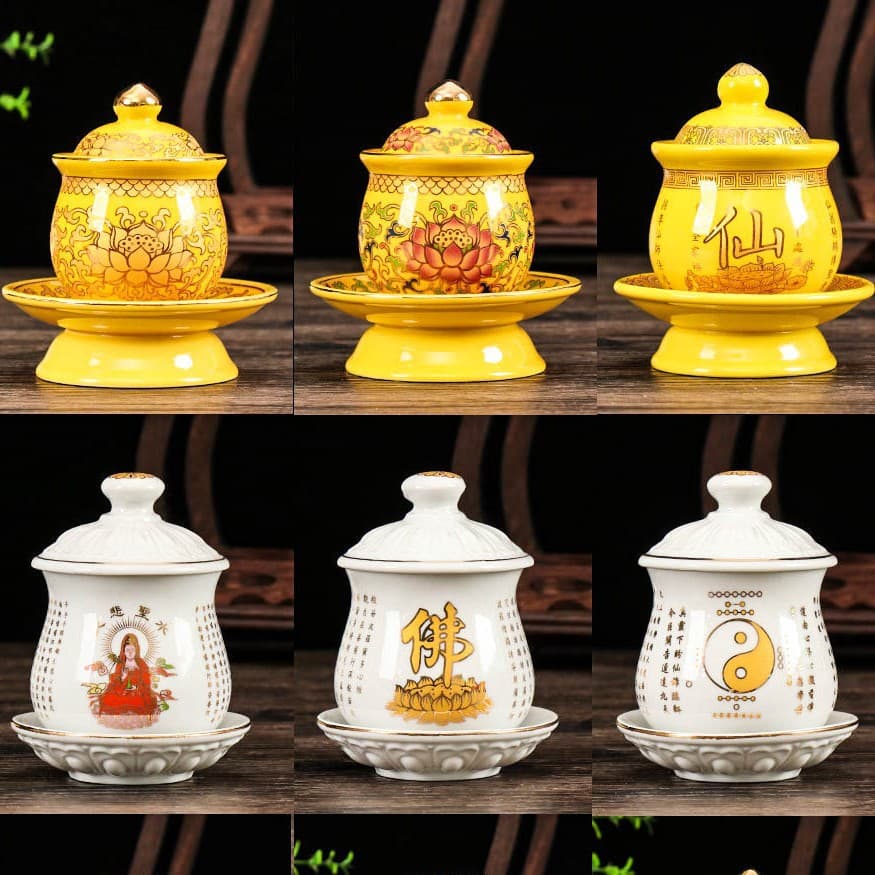 Ceramic water cup for offering to Buddha, lotus-shaped water cup for offering to God of Wealth and Guanyin, household water cup for offering to the Great Compassion Mantra