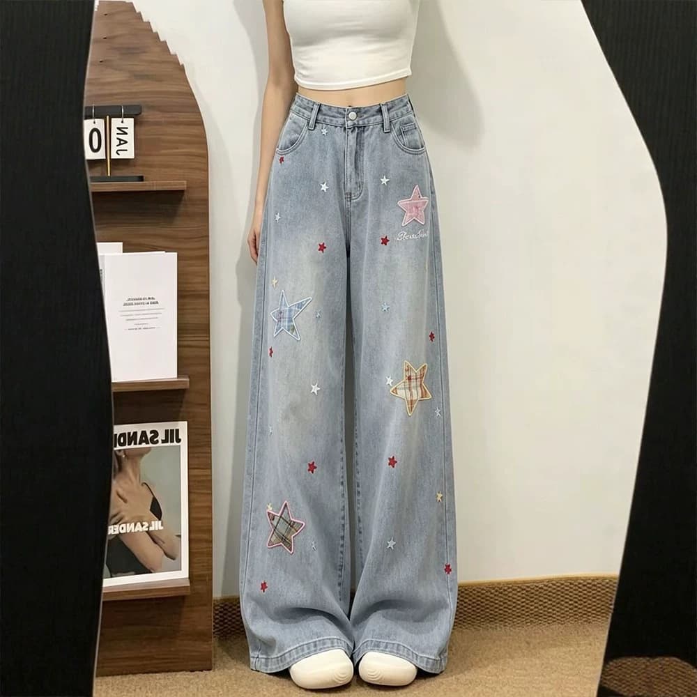 Chao Li You Huo Dopamine Star Patch Wide-Leg Jeans for Women Summer New Style Loose Long Pants Trendy