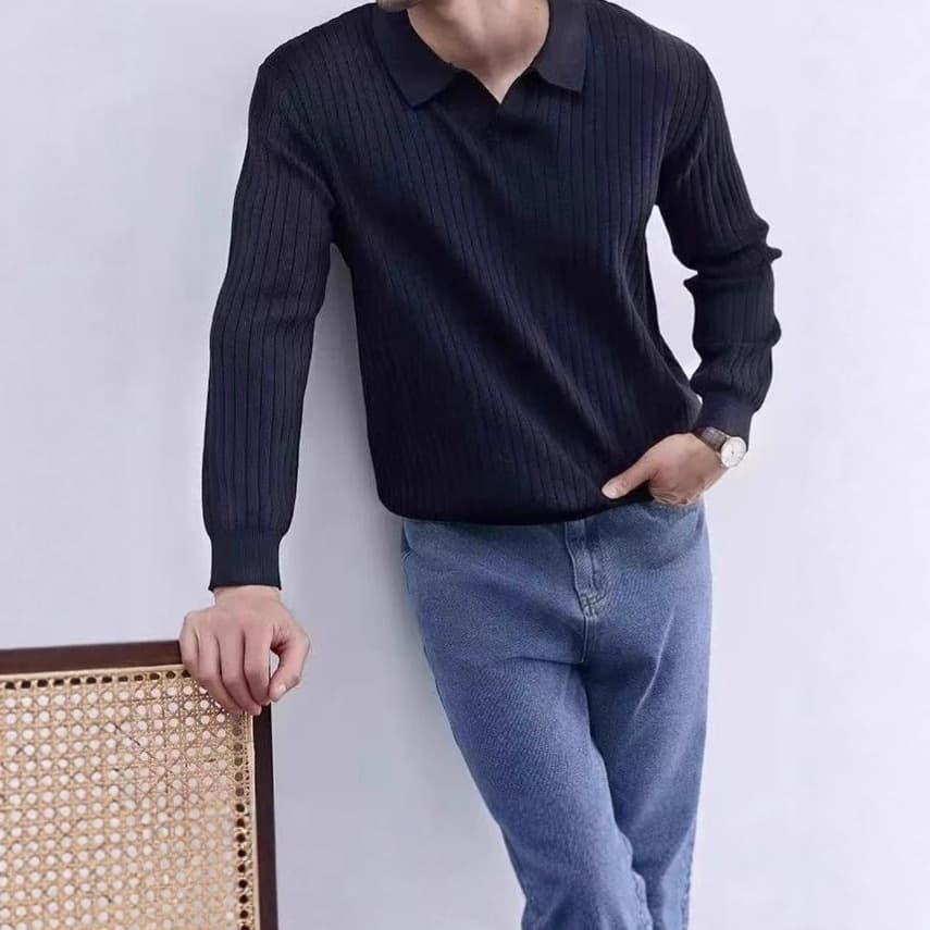 Cross-border Men's Fashion | Anti-pilling V-neck Long-sleeve Knit Sweater for Autumn, Loose-fit Polo Collar Men's Knitwear