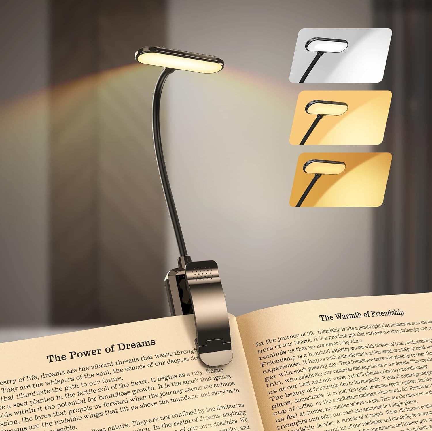 Clip-on reading light for books and sheet music, eye-protecting study lamp with charging feature for students