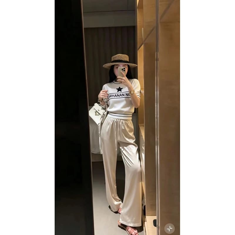 Dior Style Chanel Korean Early Autumn Short Sleeve Embroidered Letter Knit Top + Elastic Waist Satin Wide-Leg Pants Suit