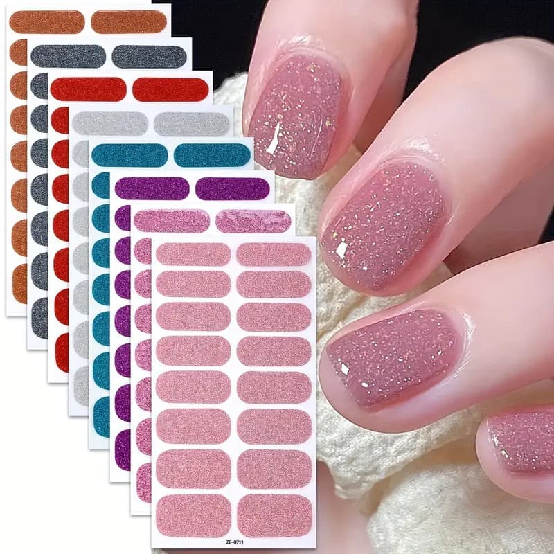 Zhengxiang cross-border TEMU same style set of manicure stickers solid color green onion powder 16 nail polish film flash nail stickers full stickers