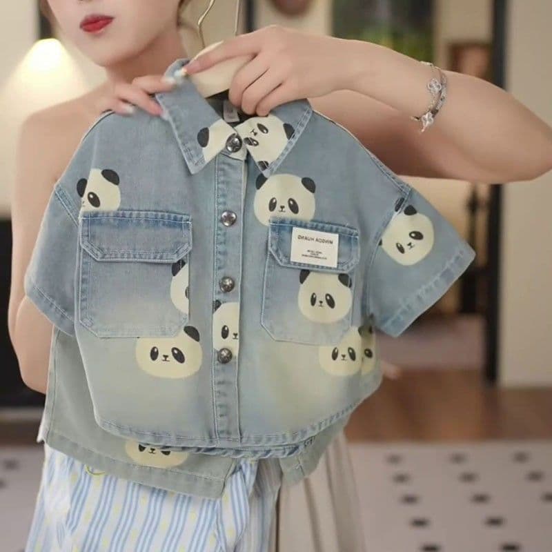 Boys' Summer Panda Denim Set 2025 New Style Children's Shirt and Shorts Summer Cool Two-Piece Set for Little Boys