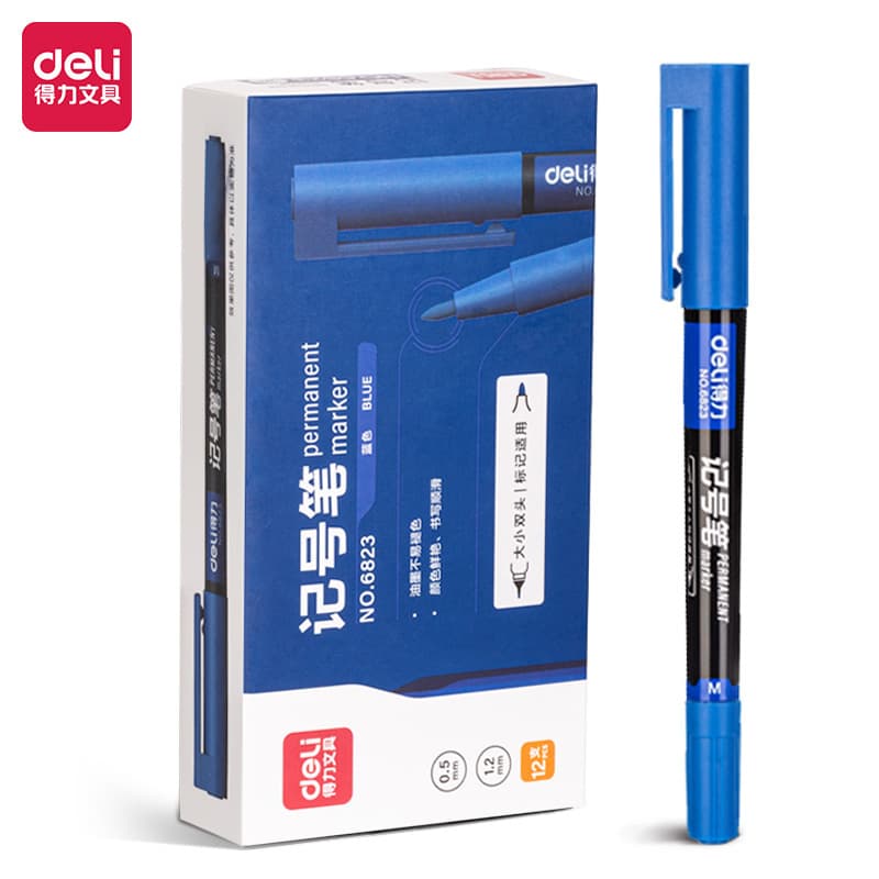 Deli 6823 Dual-Tip Marker Pen Black, Fine and Broad Oil-Based Permanent Marker for Outlining, Wholesale