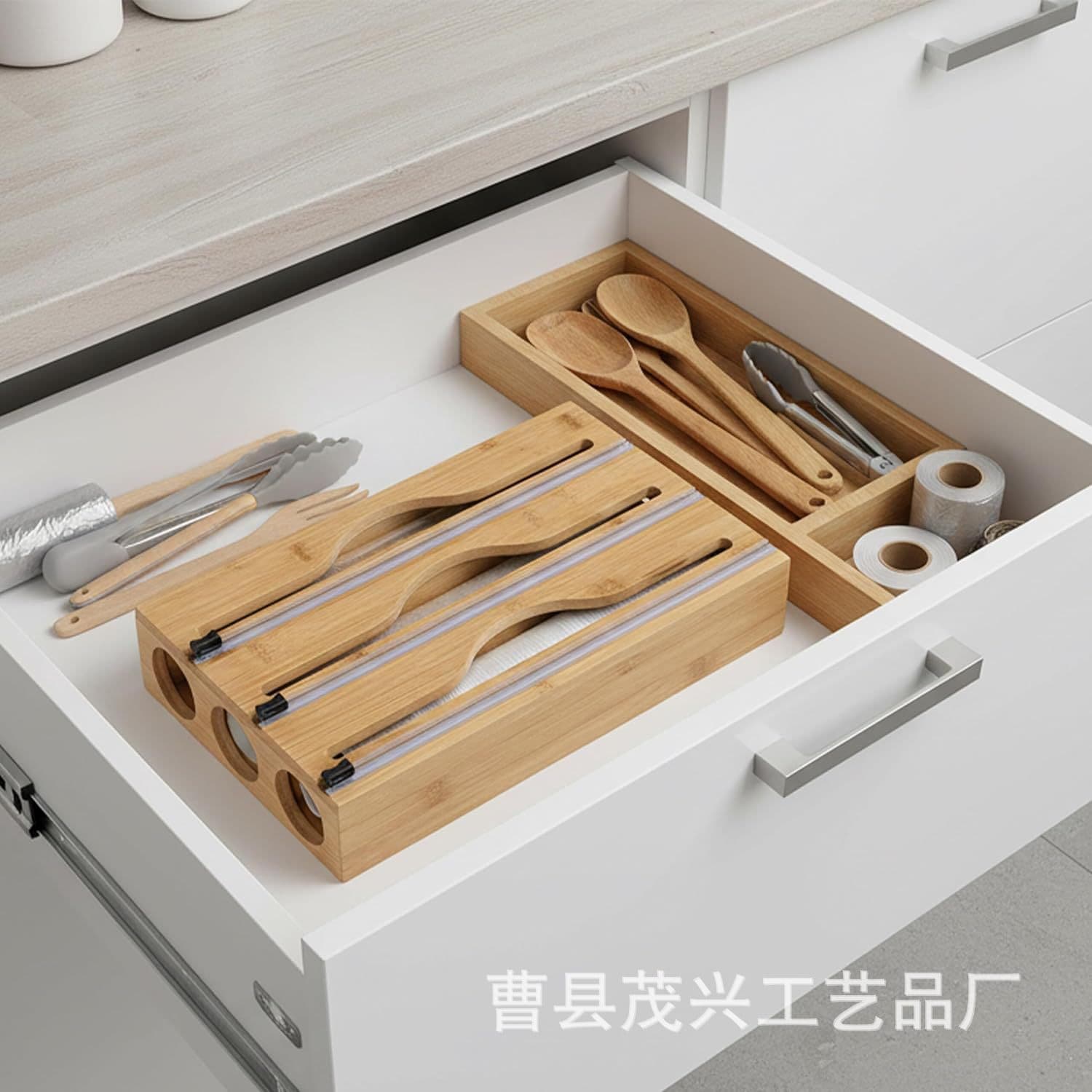 Bamboo Plastic Wrap Cutter with Multi-Grid Storage Box for Cling Film and Aluminum Foil