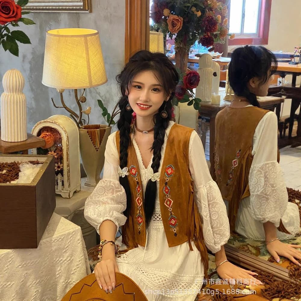Bohemian Vintage Fringe Embroidered Vest Outerwear Travel Vacation Short Top for Women