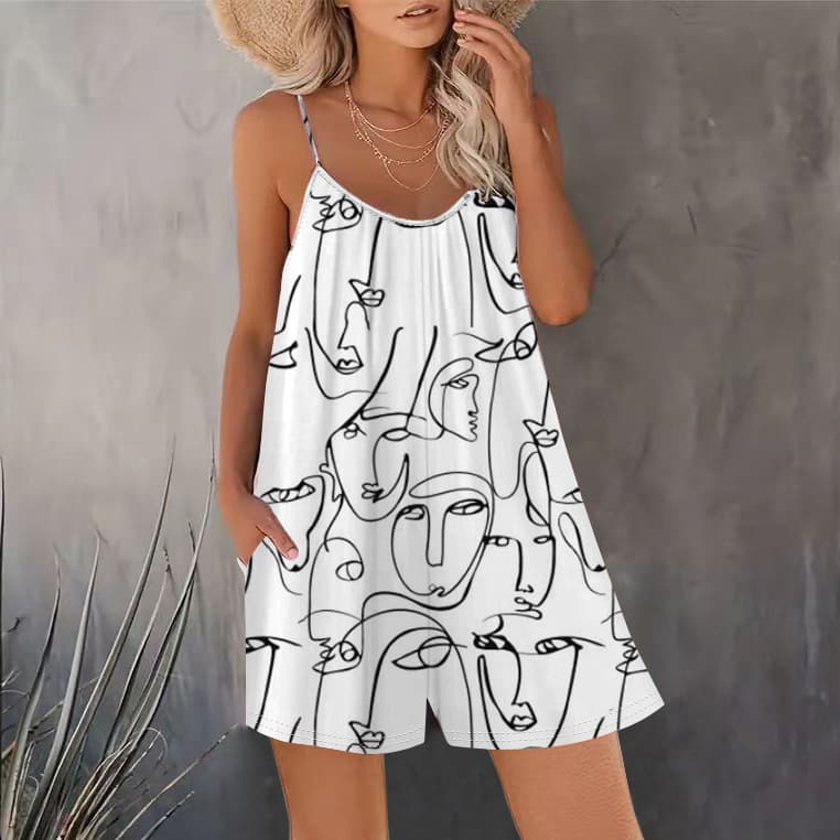 European and American Cross-Border 2025 Spring/Summer Casual Women's Camisole Shorts New Autumn Print Sleeveless Jumpsuit