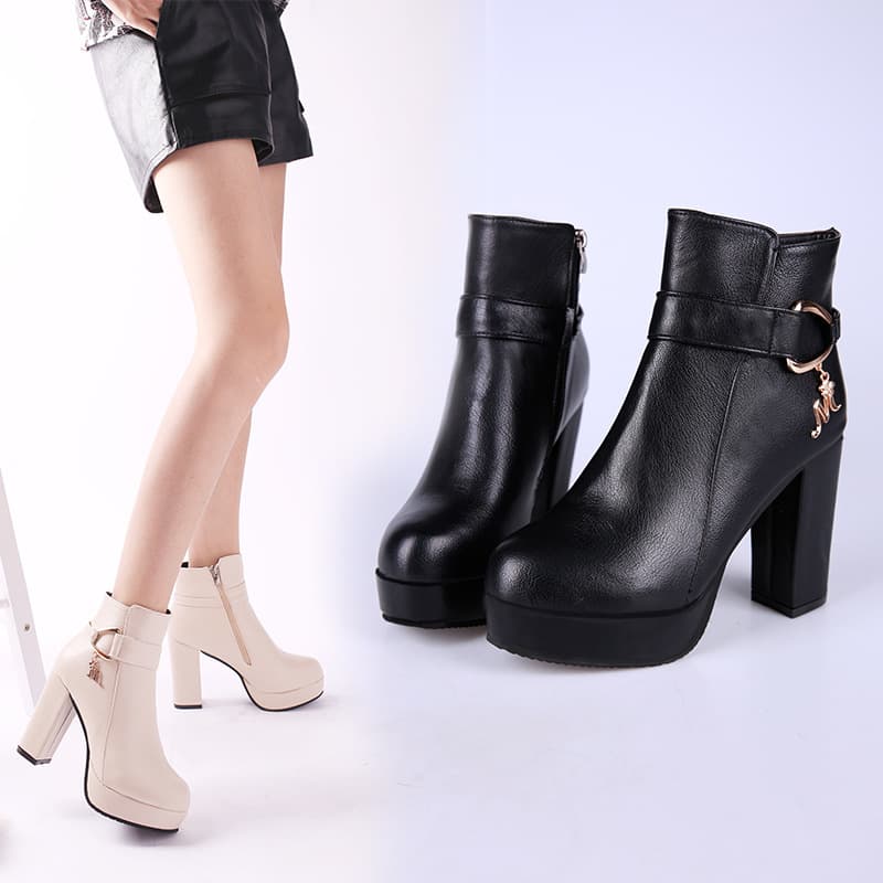 Autumn/Winter Women's Fashion Fleece-Lined Martin Boots High Heel Short Boots Warm Leather Casual Low Cut