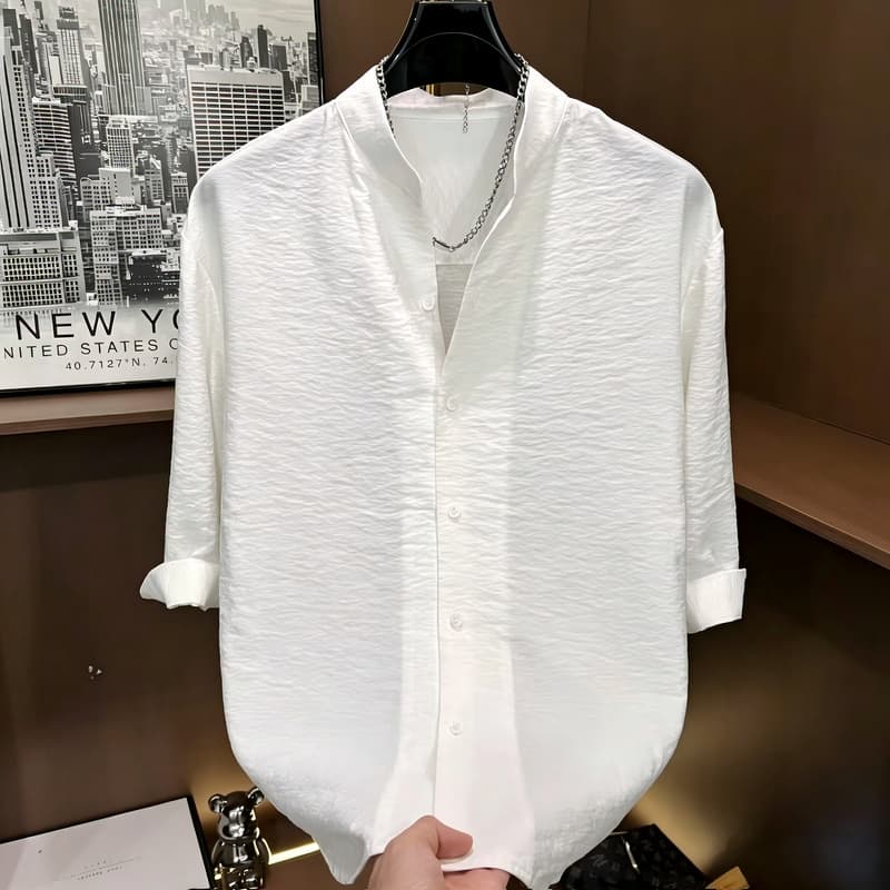New Chinese style old money style stand collar relaxed minimalist men's light luxury shirt men's half-sleeve trend simple light luxury fashion